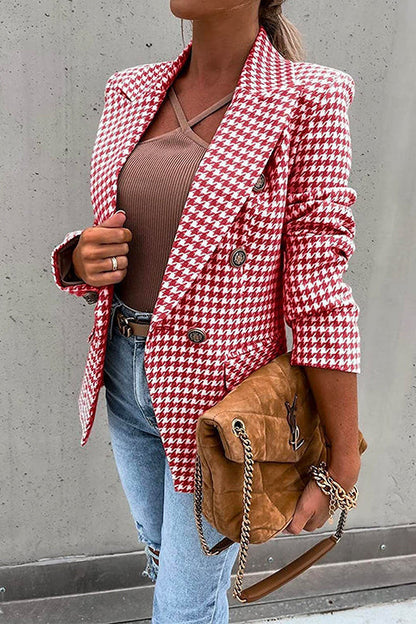 Claasic Double Breasted Slim Fit Houndstooth Blazer Red