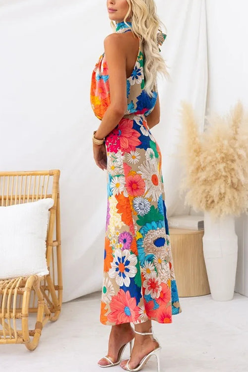 Rosiedress Sleeveless Tie Neck Waisted Floral Print Maxi Dress