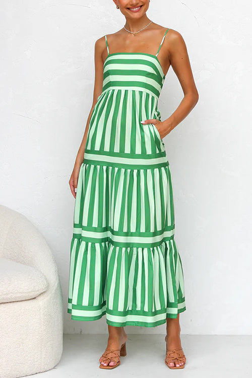 Spaghetti Strap Ruffle Tiered Color Block Striped Maxi Dress Green
