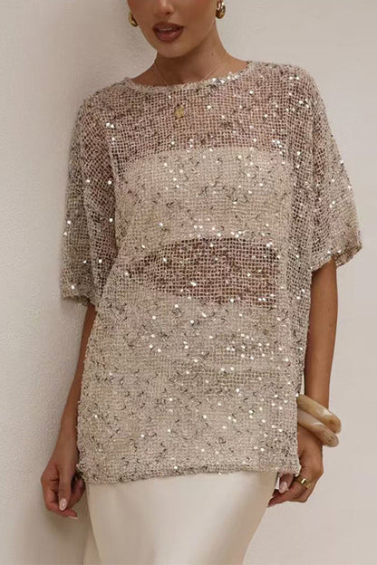 Crewneck Half Sleeves Crochet Hollow Out Sequin Top