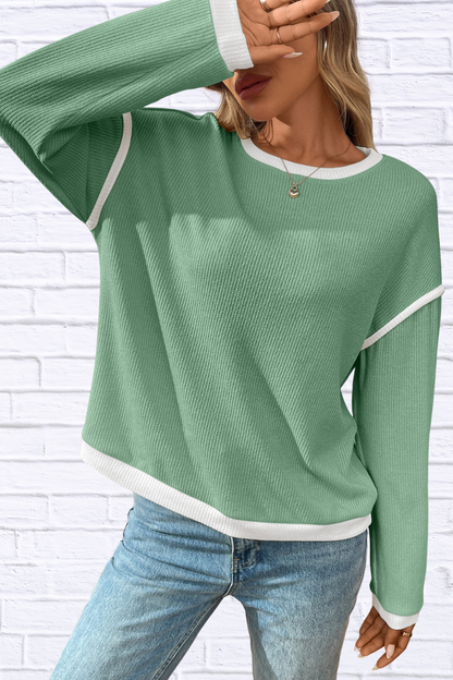 Ribbed Contrast Trim Long Sleeve Top