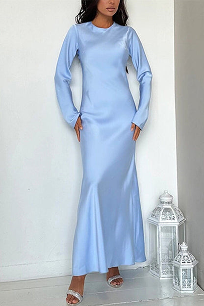 Rosiedress Round Neck Long Sleeves Satin Maxi Party Dress