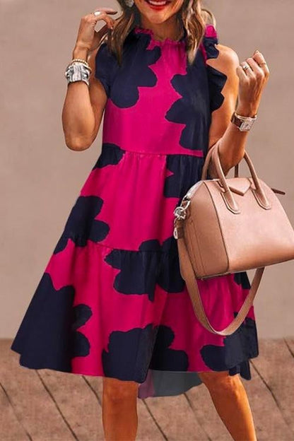 Sleeveless Printed Ruffle Midi Dress HotPink