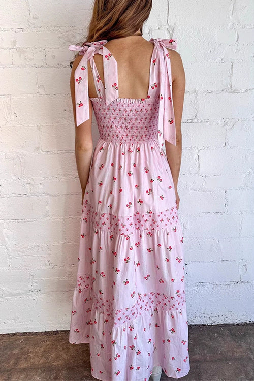 Tie Shoulder Splice Floral Print Ruffle Maxi Cami Dress