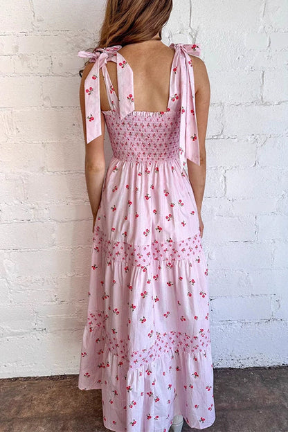 Tie Shoulder Splice Floral Print Ruffle Maxi Cami Dress