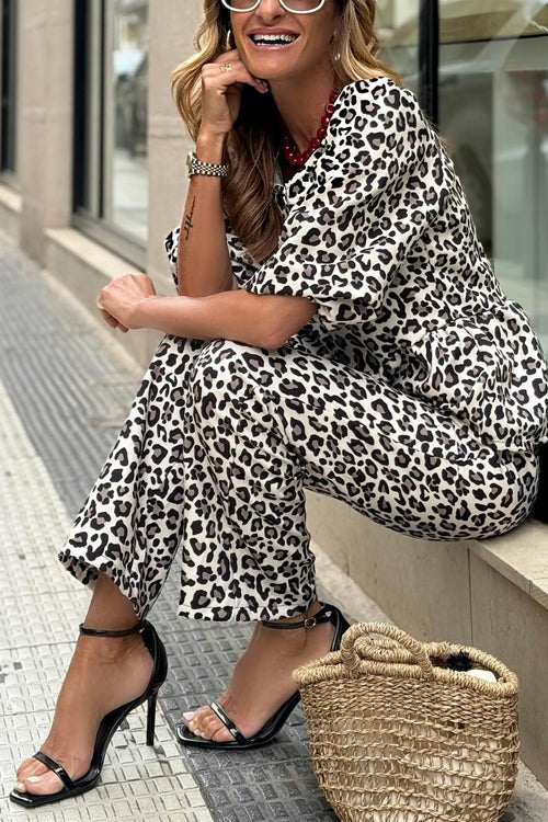 Rosiedress Half Sleeves Button Up Ruffle Shirt and Straight Leg Pants Leopard Set