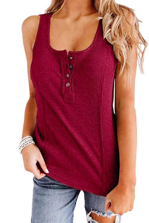 Buttons Sleeveless Stretchy Top Burgundy