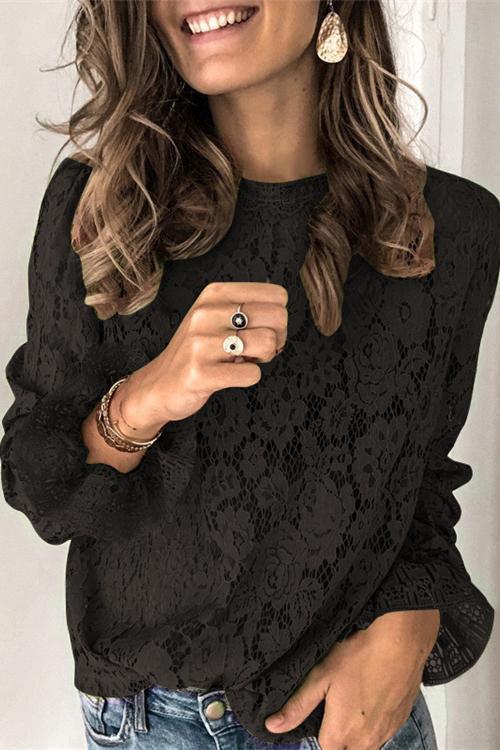 Floral Lace Crochet Hollow Out Shirts Black