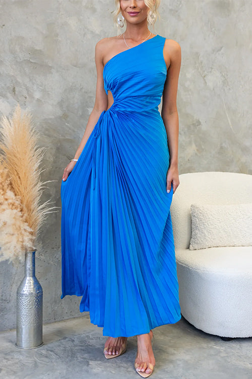 Rosiedress One Shoulder Drawstring Cut Out Waist Pleated Maxi Dress