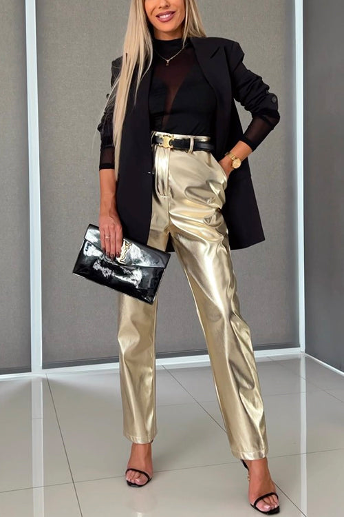 Straight Leg Metallic Faux Leather Pants Gold