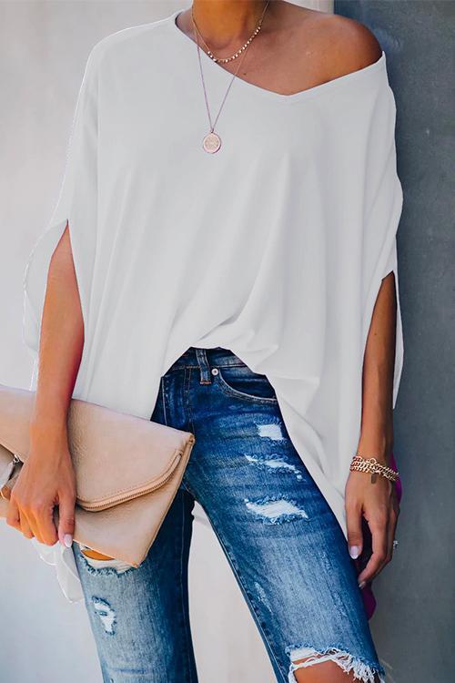 Rosiedress Loose V Neck Batwing Sleeve Solid T Shirt White