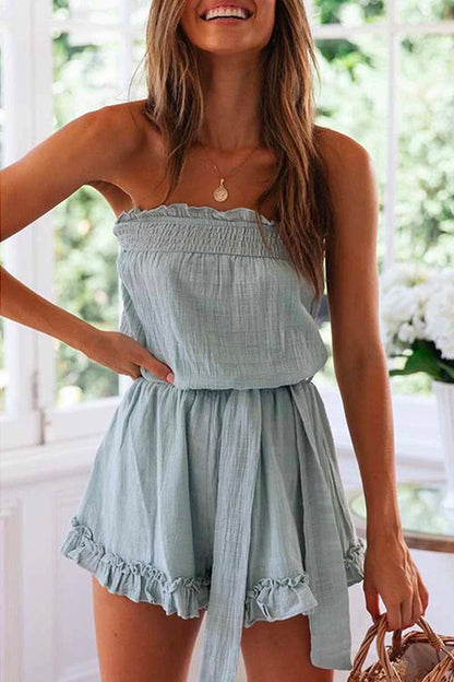 Rosiedress Off Shoulder Sleeveless Tie Waist Ruffle Romper