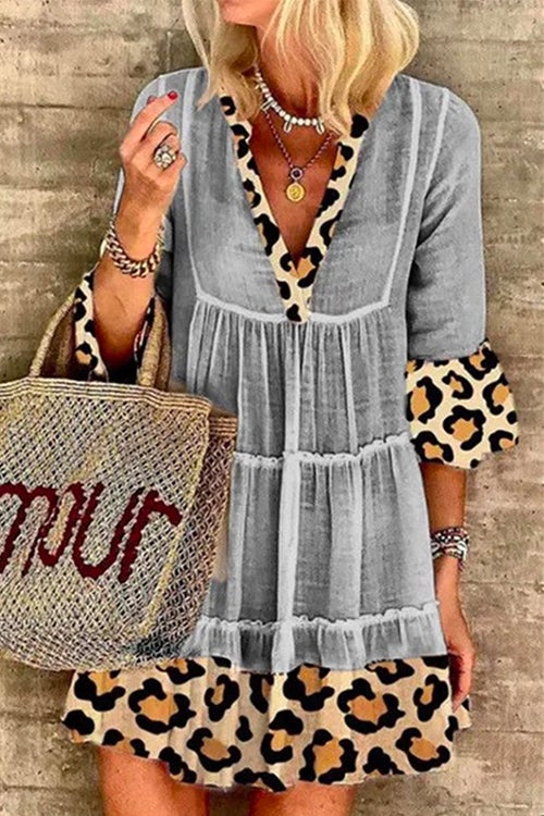 Rosiedress V Neck Leopard Splice Swing Dress Gray