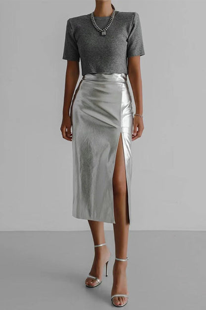 Rosiedress High Waist Slit Front Faux Leather Midi Skirt