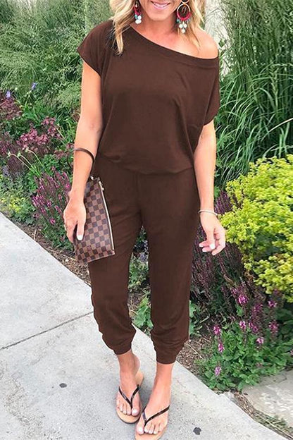 Rosiedress Solid Cold Shoulder Short Sleeves Elastic Waist Loungewear Jumpsuit Coffee