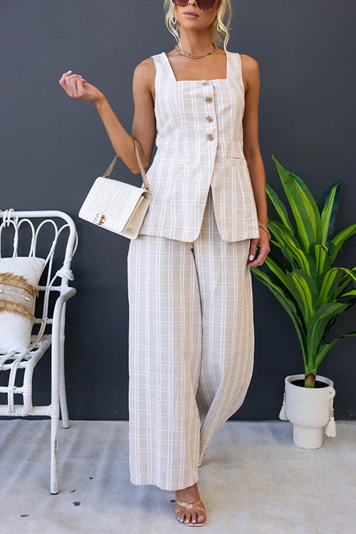 High Waist Wide Leg Pocketed Plaid Pants