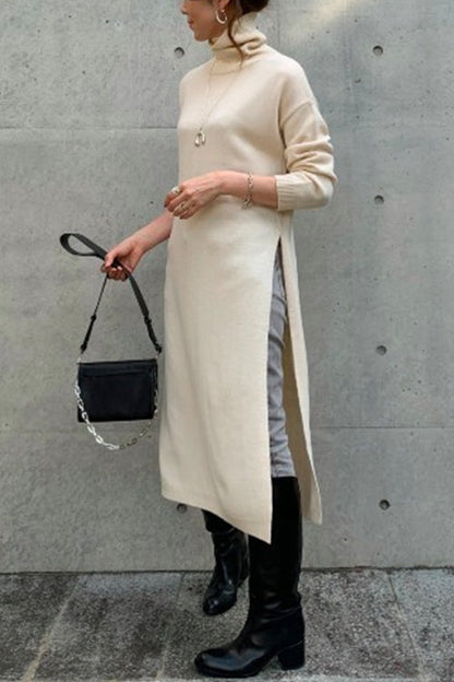 Turtleneck Drop Shoulder Side Slit Loose Sweater Dress Beige