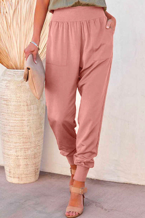 Rosiedress Solid Side Split Pockets Jogger Pants Pink