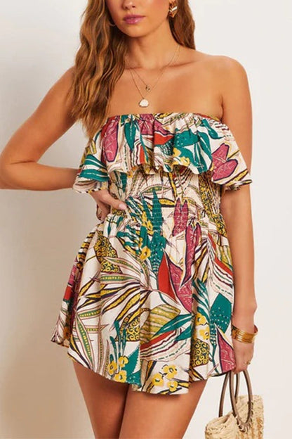 Ruffle Off Shoulder Smocked Waist Printed Mini Dress Green