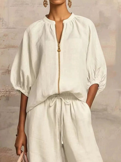Full Size Zip-Front Top and Wide-Leg Pants Set Plus Size