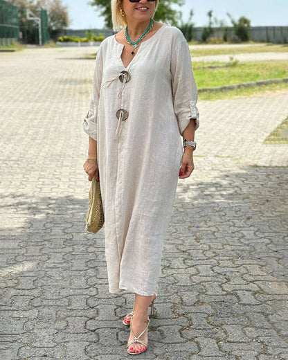 Casual Cotton Linen V-neck Button Decorative Dress