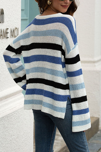 Fashion Casual Adult Striped Patchwork Patchwork Pullovers O Neck Tops