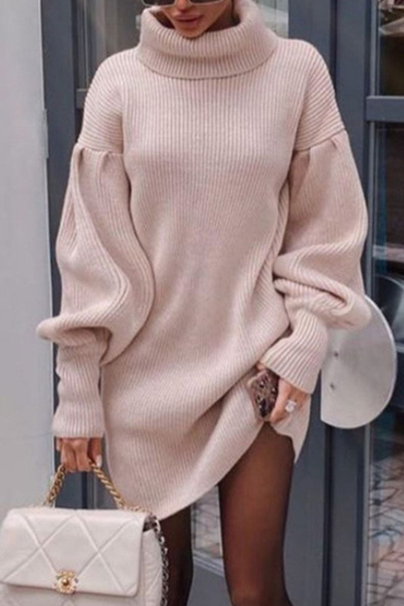 Fashion Casual Solid Patchwork Turtleneck Long Sleeve Dress Dresses