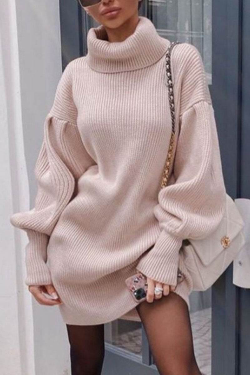 Fashion Casual Solid Patchwork Turtleneck Long Sleeve Dress Dresses