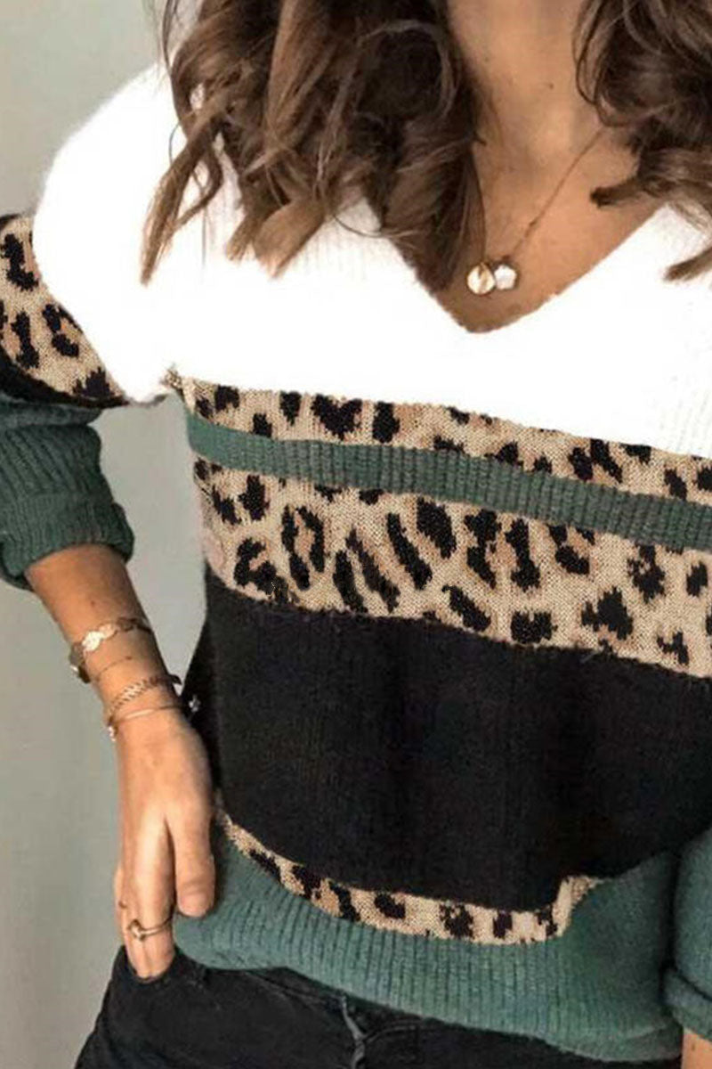 Fashion Street Leopard Patchwork V Neck Tops