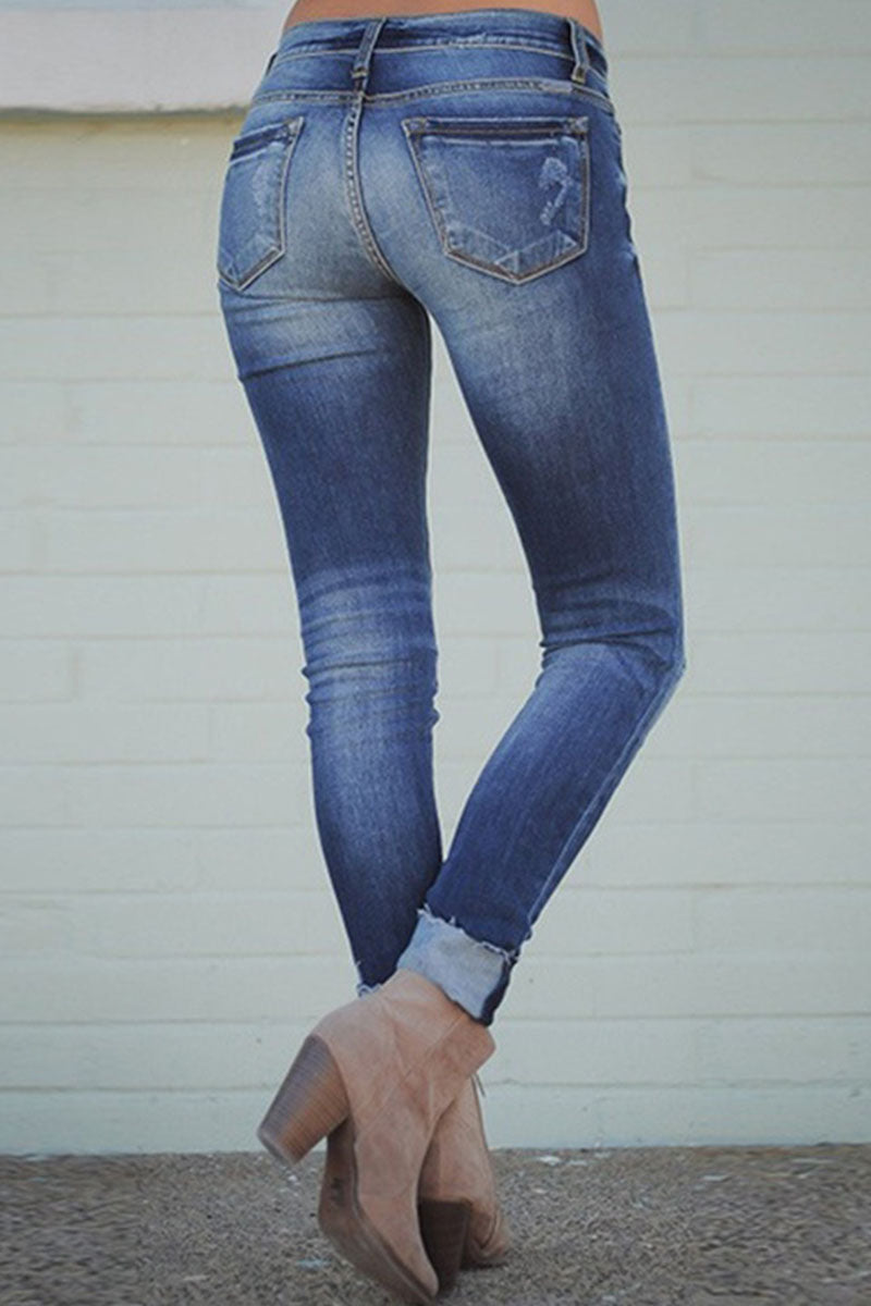 Fashion Sexy Solid Ripped Mid Waist Skinny Denim