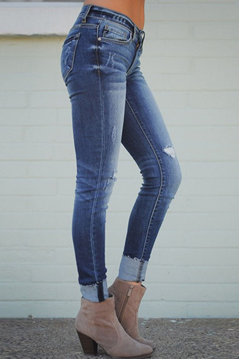 Fashion Sexy Solid Ripped Mid Waist Skinny Denim