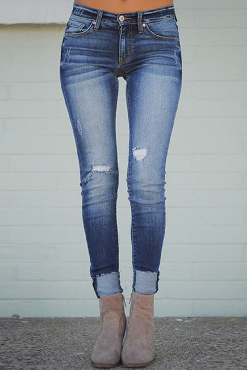 Fashion Sexy Solid Ripped Mid Waist Skinny Denim Dark Blue