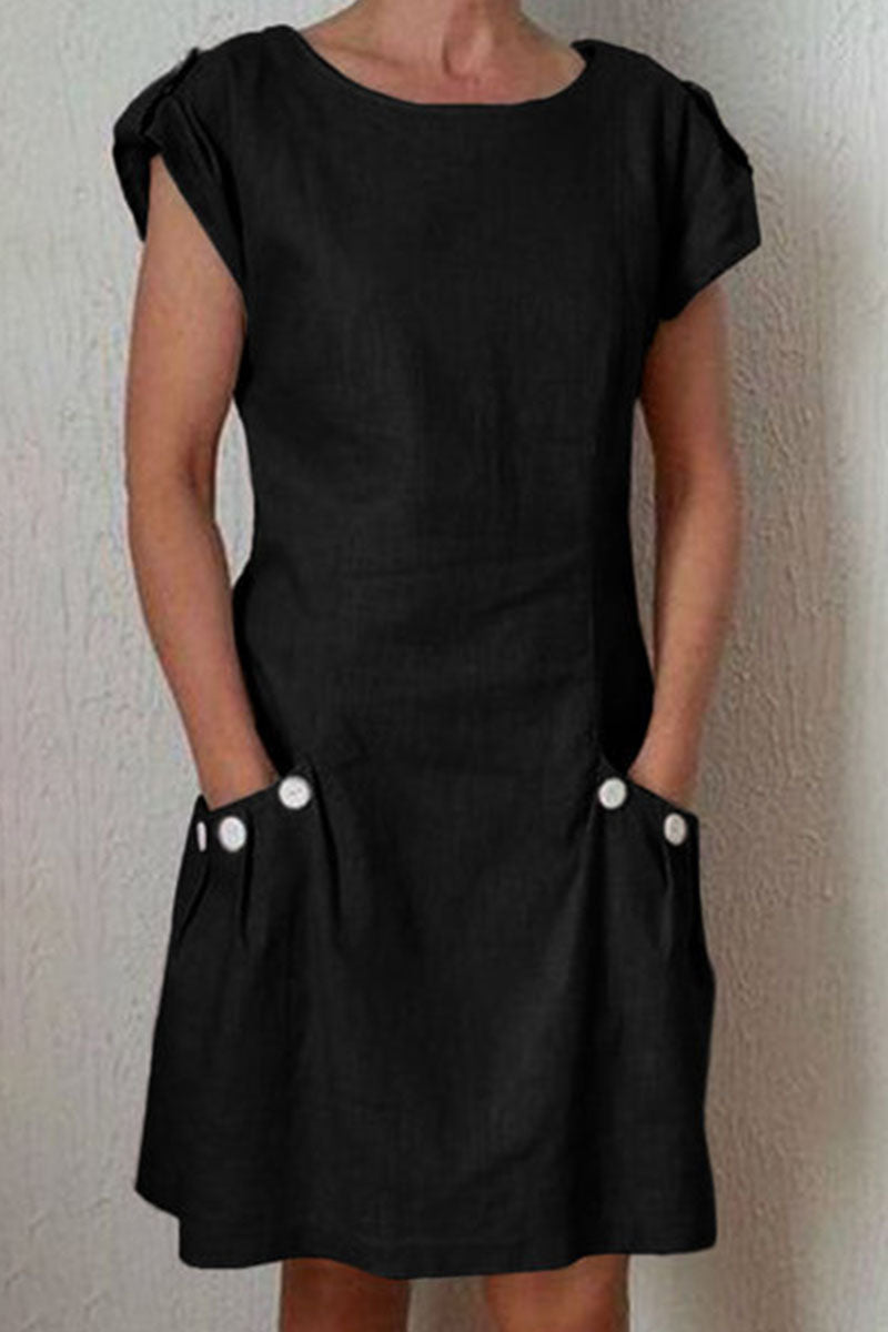 Fashion Street Solid Patchwork O Neck A Line Dresses Black