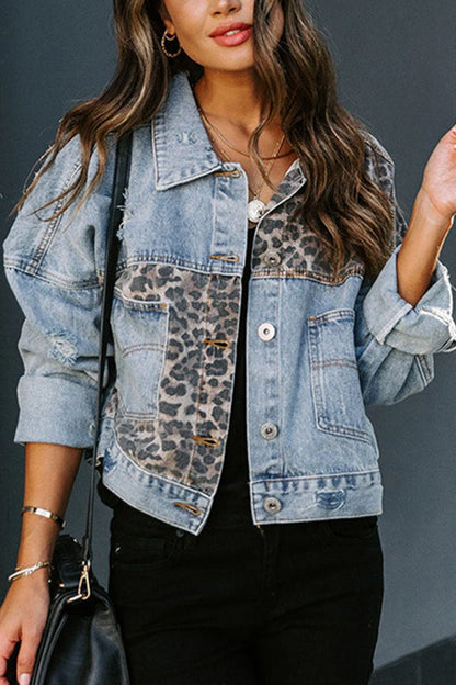 Fashion Street Leopard Patchwork Turndown Collar Denim