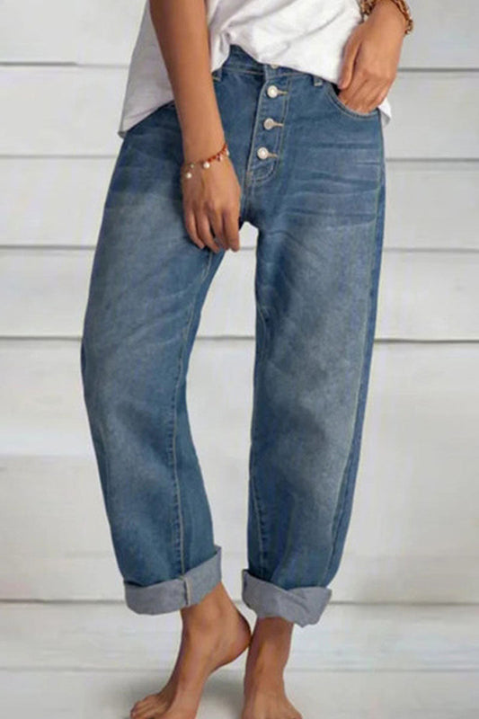 Fashion Street Solid Mid Waist Straight Denim