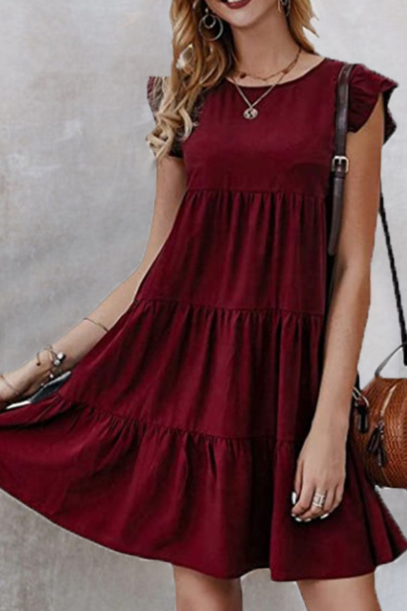 Fashion British Style Solid Patchwork Flounce O Neck Princess Dresses Burgundy