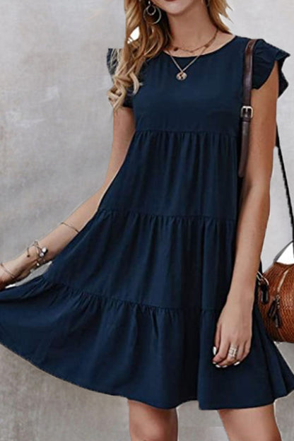 Fashion British Style Solid Patchwork Flounce O Neck Princess Dresses Navy Blue