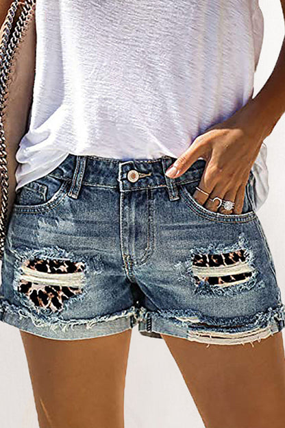 Fashion Street Patchwork Ripped Mid Waist Straight Denim Shorts