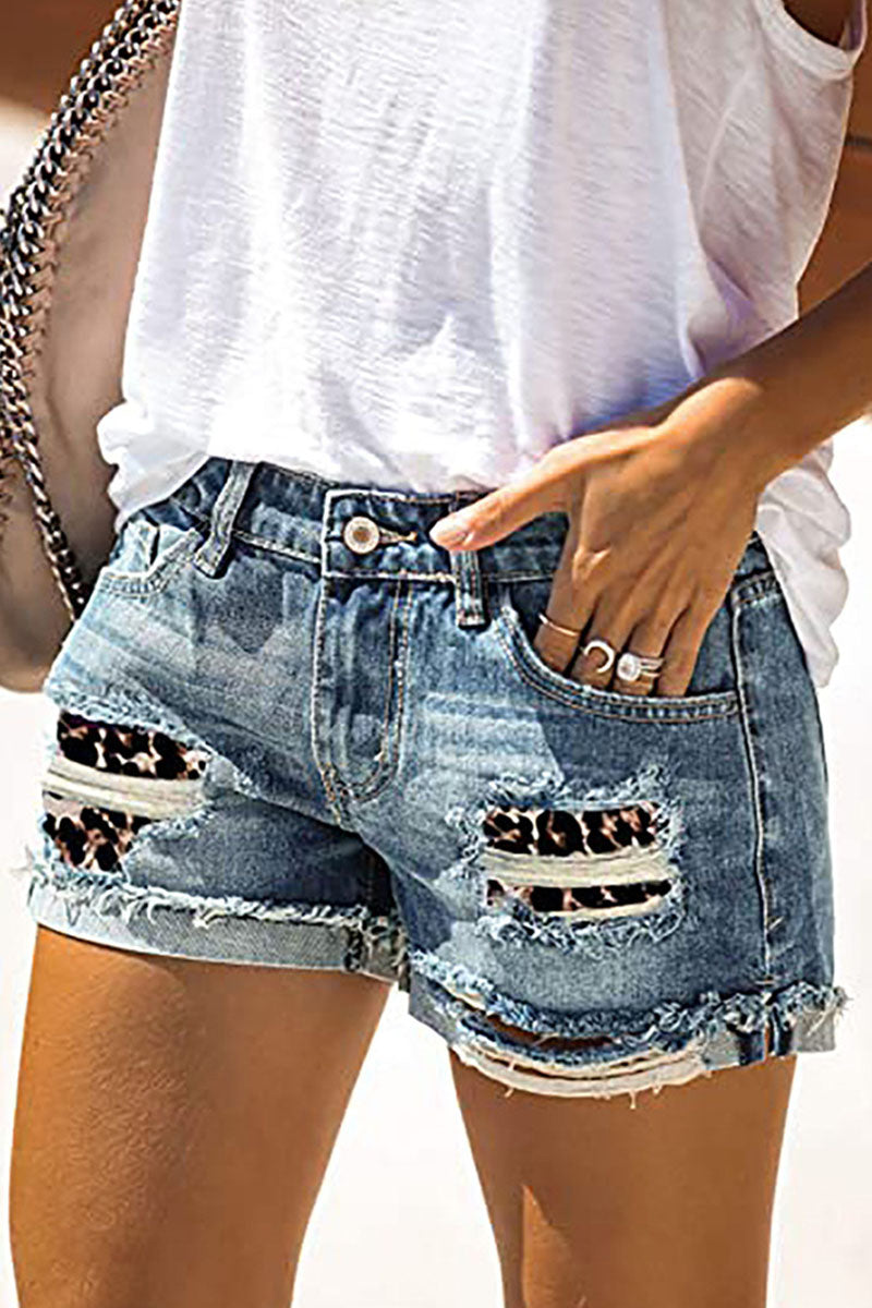 Fashion Street Patchwork Ripped Mid Waist Straight Denim Shorts