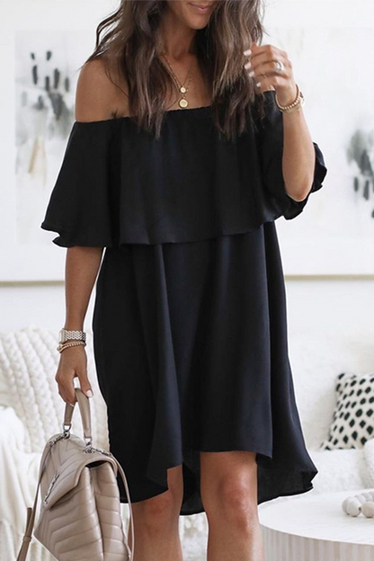 Fashion Elegant Solid Patchwork Flounce Off the Shoulder A Line Dresses