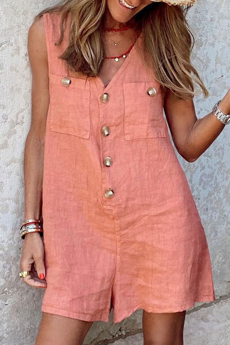 Fashion Casual Solid Patchwork V Neck Loose Rompers Pink