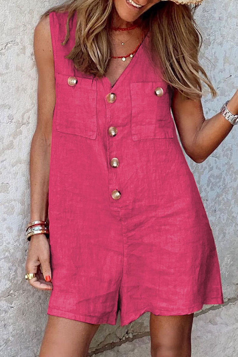 Fashion Casual Solid Patchwork V Neck Loose Rompers Rose Red