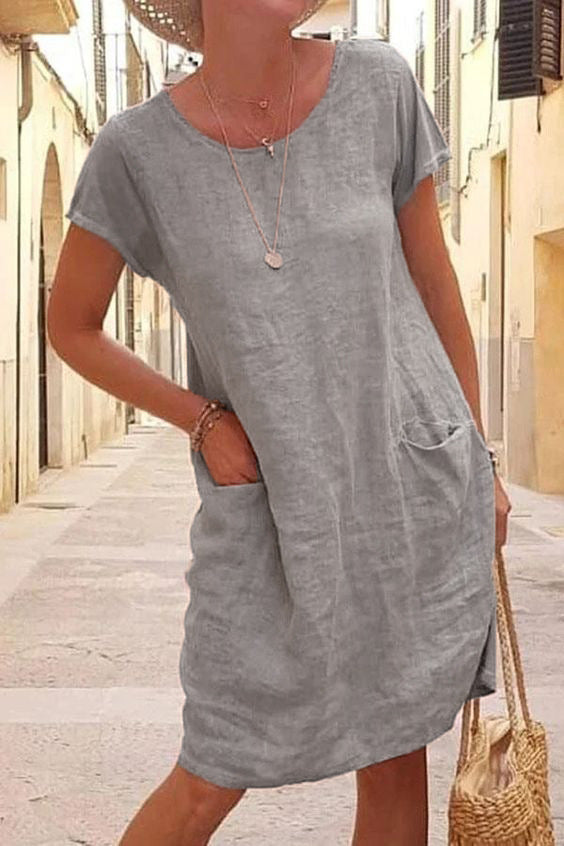 Casual Solid Patchwork Pocket O Neck Short Sleeve Dress Dresses Grey