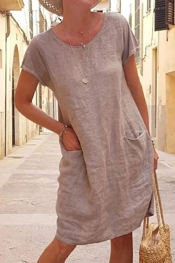 Casual Solid Patchwork Pocket O Neck Short Sleeve Dress Dresses Khaki