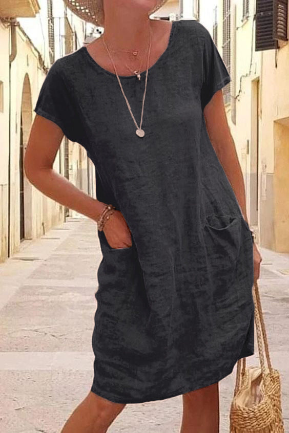 Casual Solid Patchwork Pocket O Neck Short Sleeve Dress Dresses Black