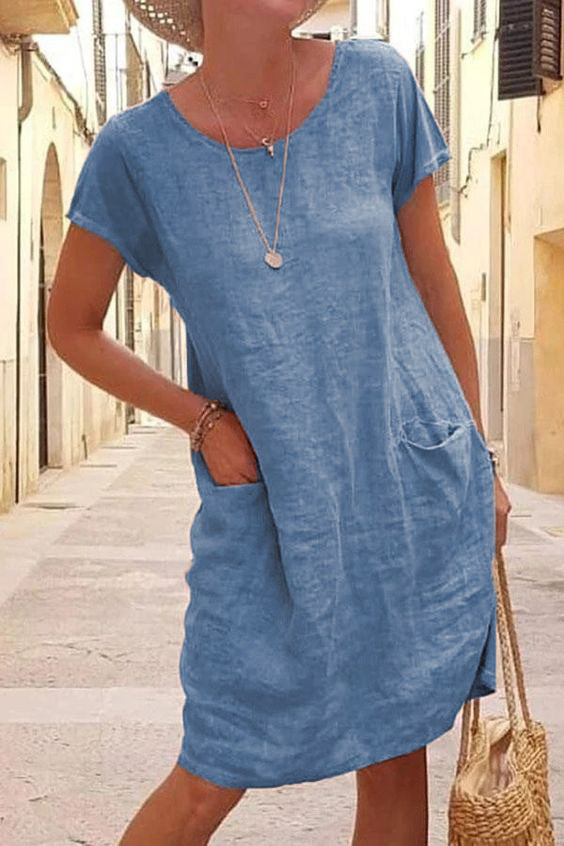 Casual Solid Patchwork Pocket O Neck Short Sleeve Dress Dresses Light Blue