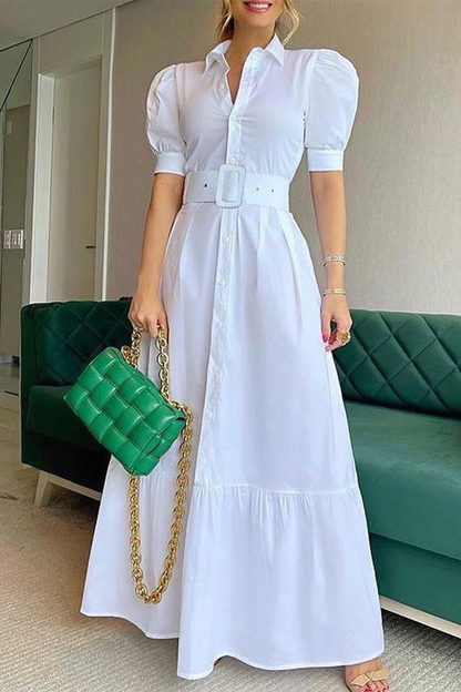 Fashion Elegant Striped Solid Buckle With Belt Shirt Collar A Line Dresses