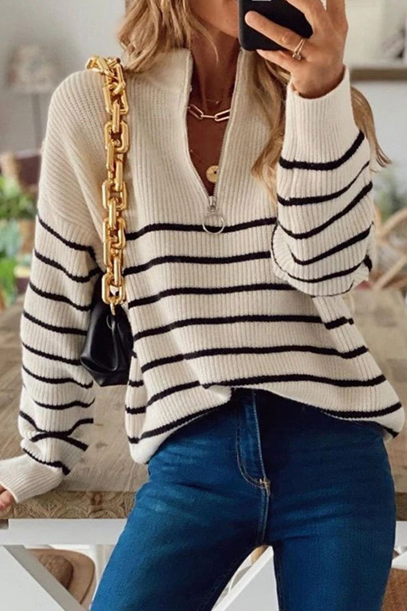 Sexy Striped Patchwork Zipper Zipper Collar Tops Sweater