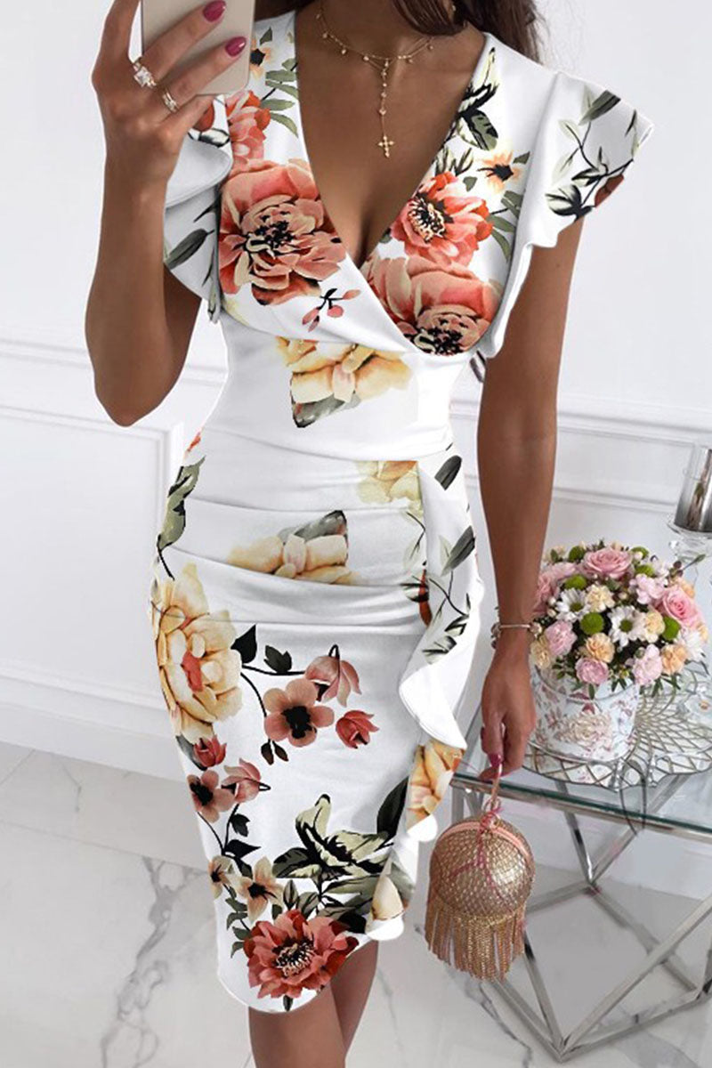 Fashion Street Print Patchwork V Neck Pencil Skirt Dresses(10 Colors) White Pink