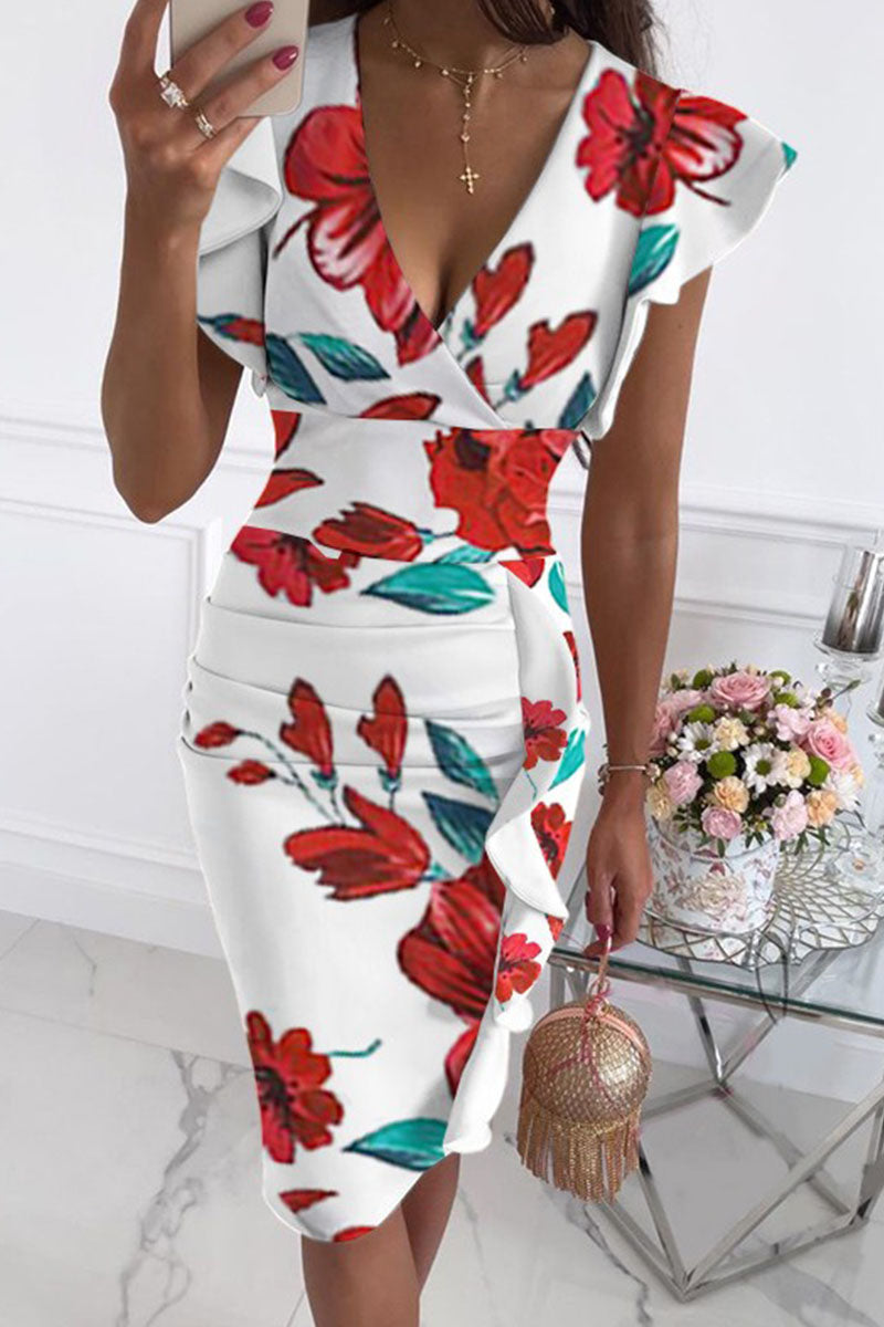 Fashion Street Print Patchwork V Neck Pencil Skirt Dresses(10 Colors) White Red